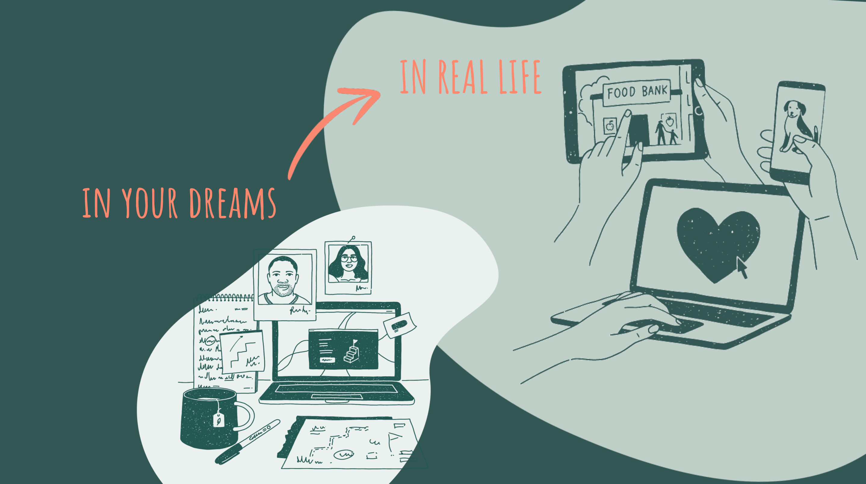 “In your dreams” hovers over an illustration of a design studio with sketches, notes, and photos. An arrow points from here to the phrase “In real life,” hovering over a drawing of finished product apps on a tablet, laptop, and mobile phone